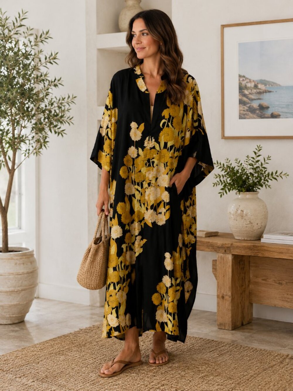 Natori Kaftan Maxi Dress Black Floral Sz L